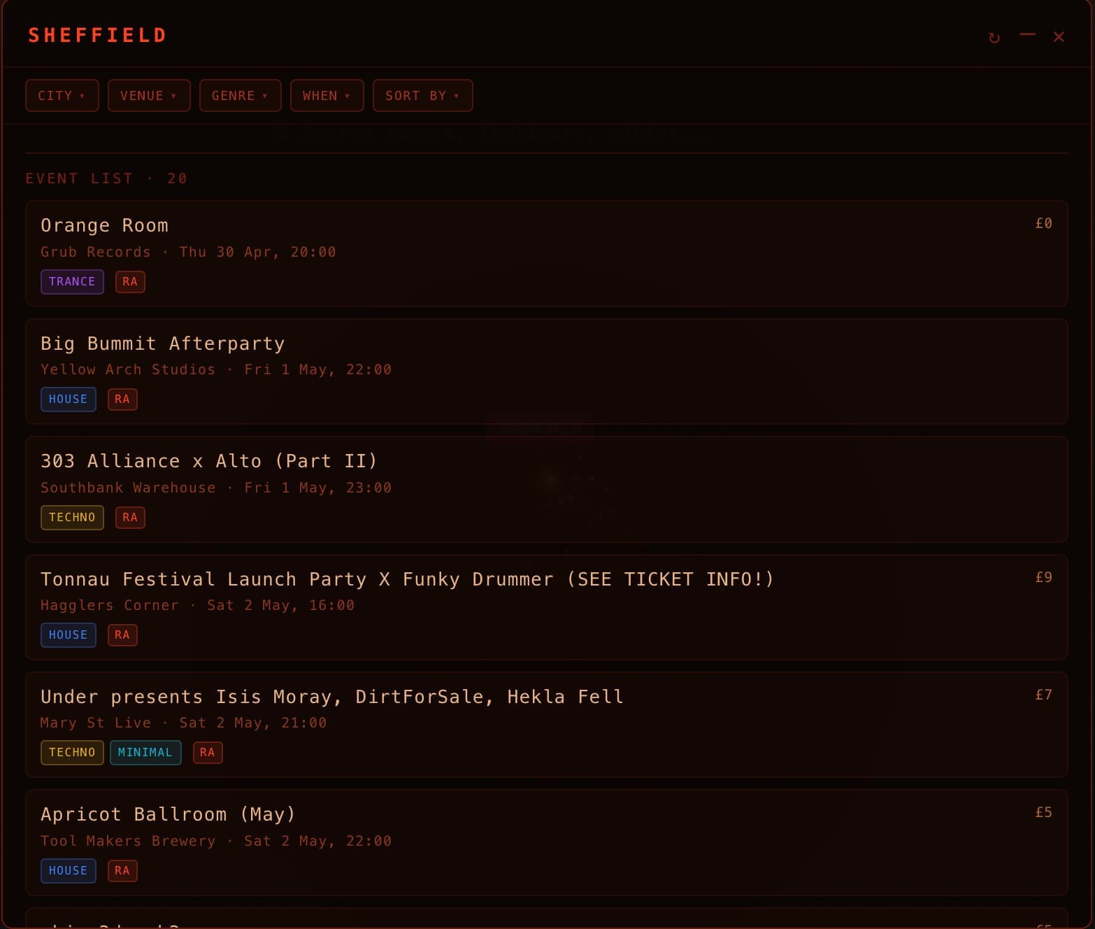Events list view